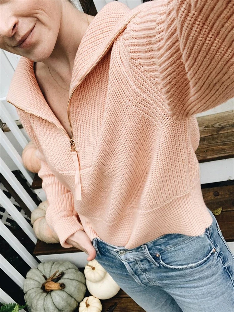 

Tossy New Zip Up Turtleneck Turtleneck Sweater Women Winter Long Sleeve Lapel Collar Sweatshirt Knit Ribbed Pullover Sweaters