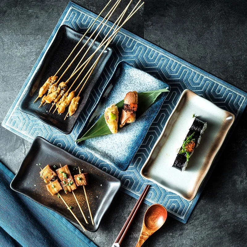 Assiette rectangulaire en céramique pour barbecue, hôtel, restaurant, maison, collations, sushis