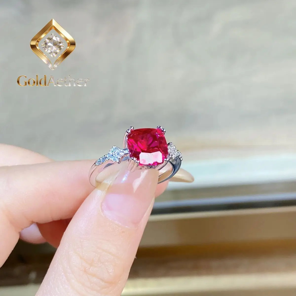 GoldAether Luxury Solid Platinum PT950 Women's Pigeon Blood Diamond Ring Red 3 karat Square Bag Red Corundum Square Moissanite R
