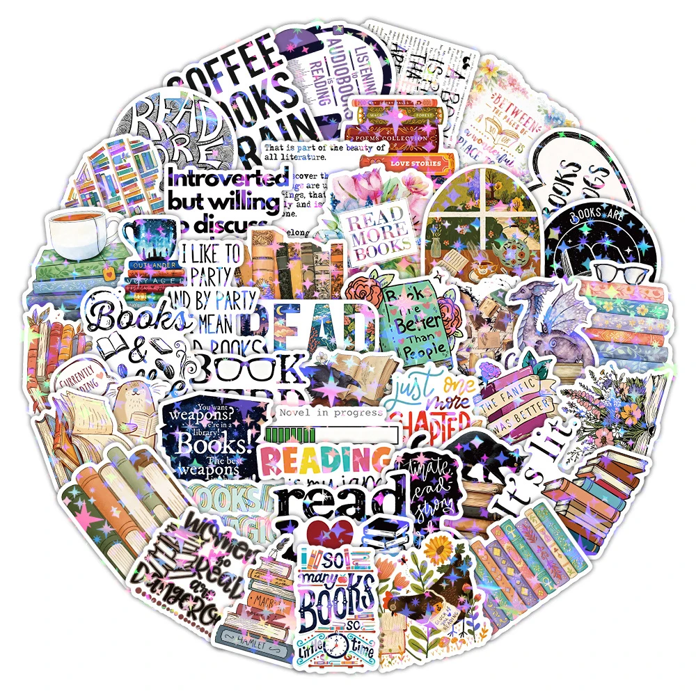 

10/30/50/100pcs Cool Laser Bookish Reading Stickers Funny Cartoon Decals Skateboard Notebook Phone Graffiti Sticker Decoration
