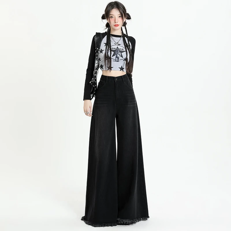 

New Autumn Winter High Waist Washed Retro Black Wide Leg Pants Button Straight Casual Loose Full Length Trousers Female Y2K