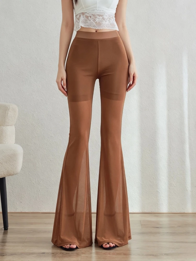 

Bell Bottoms Summer Color Mesh High Waist Ultra Elastic Long Length Tall Hip Hugging Sexy Slim Fit Breathable Thin Flare Pants