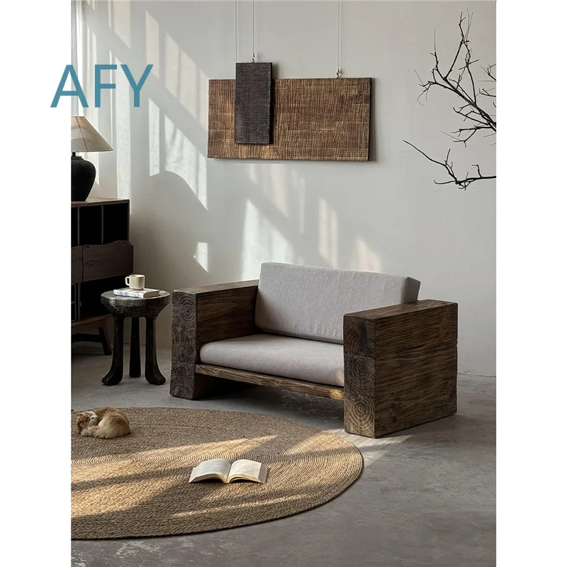 Wabi Sabi Solid Wood Sofa for Airbnb Minimalist Design Living Room Furniture for Japanese Style Homes Multi Person Seating