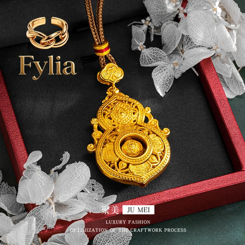 Fylia Jewelry   Ancient method 24K real  blessing double full pendant hollow good news  9999 silk blessing gourd fortune bea