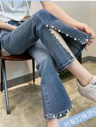 Hot Diamond Beaded Split Jeans For Women Spring Summer 2024 New High Waist Slim Bell-bottoms Trousers Denim Pants
