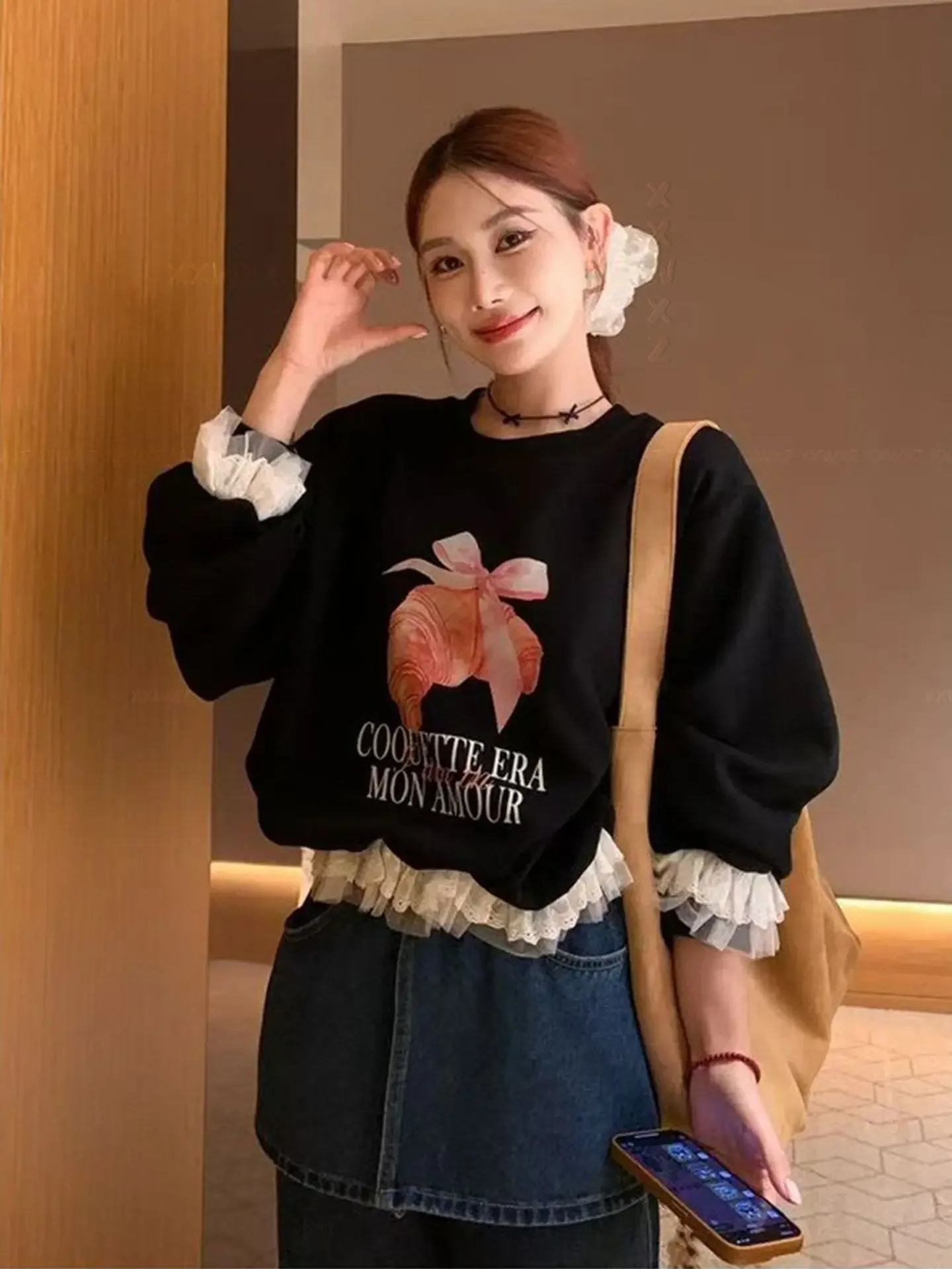 

Gagaok Korea Fashion Sweatshirts Autumn New Horn Croissant Printed Hoodies Gentle O Neck Lace Sweet Long Sleeve Top Pulls