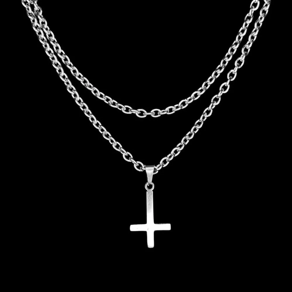 Punk Personality Stainless Steel Sliver Color Inverted Cross Pendant Double-layer Chain Necklace for Women Fashion Goth Jewelry