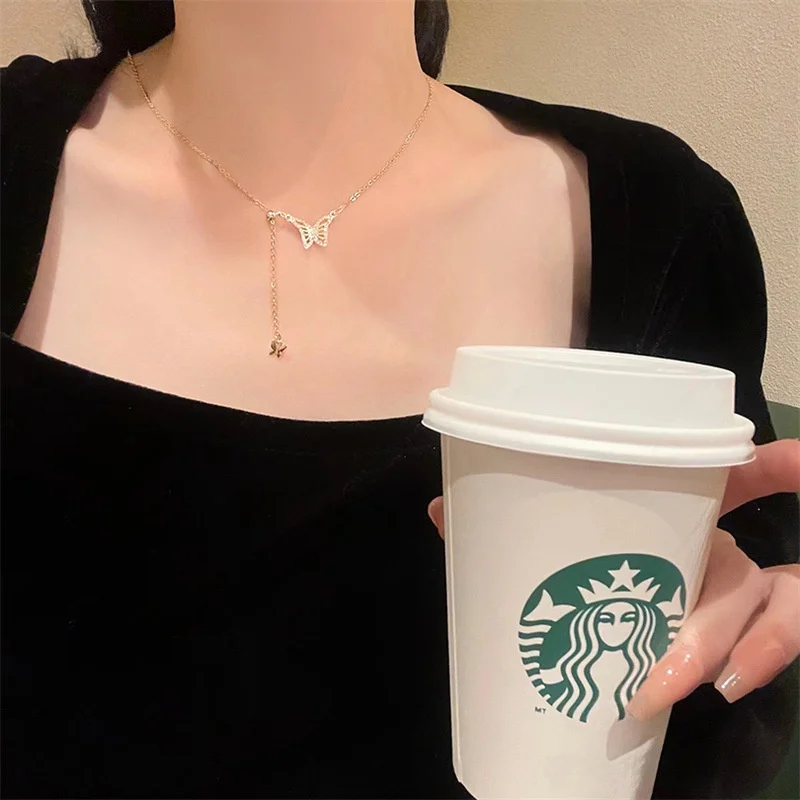 High-looking ins style animal necklace butterfly tassel set with diamonds 925 sterling silver necklace female butterfly necklace