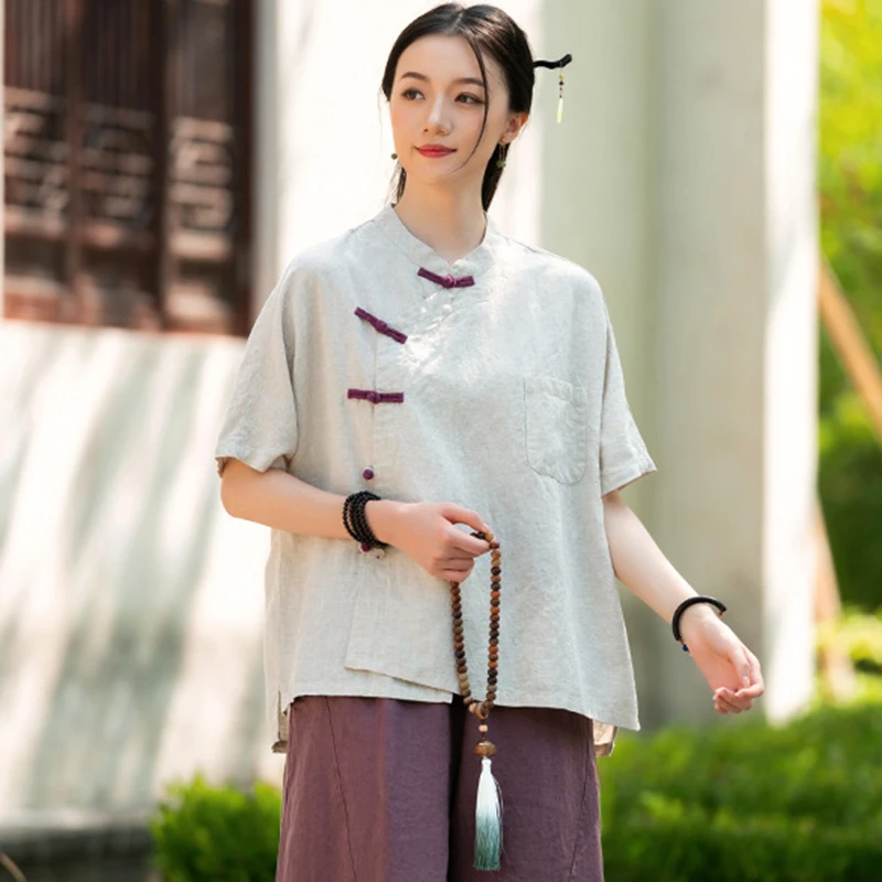 Style chinois femmes coton lin chemise décontractée nouveauté 2025 été Vintage col montant lâche femmes hauts chemises M1845