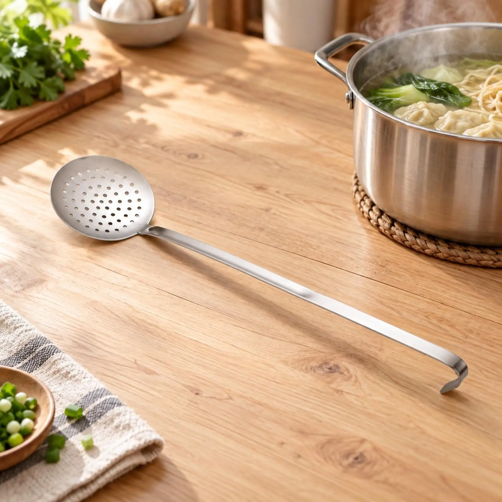 Premium Stainless Steel Perforated Spoon Kitchen Strainer for Noodles Dumplings Fried Food Hot Oil Drainage