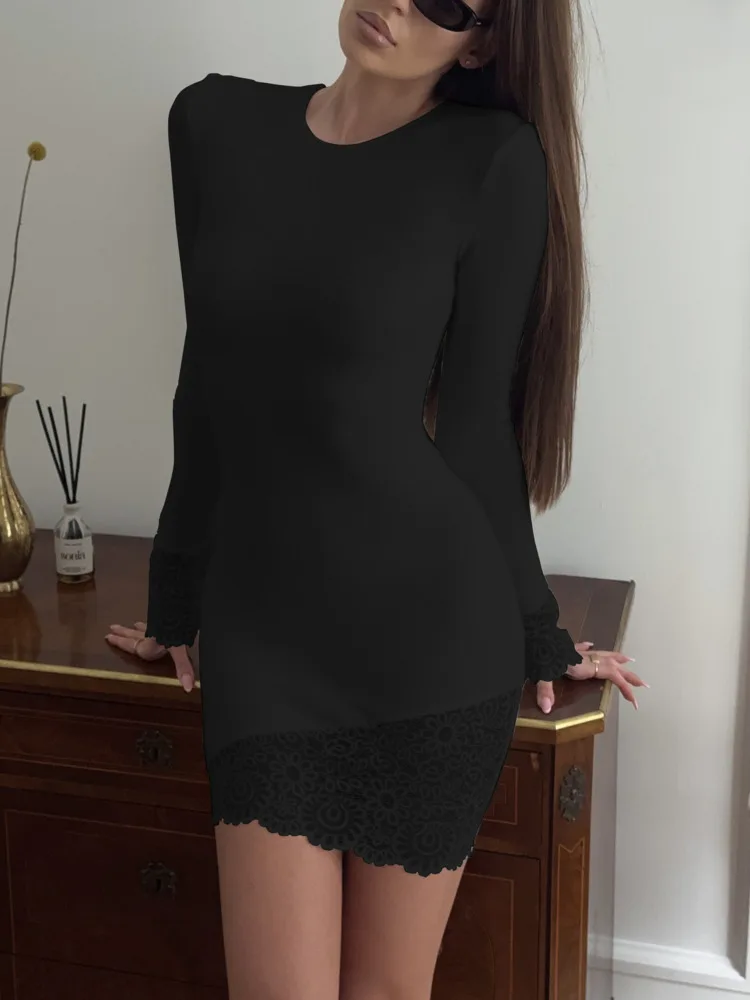 فستان Blifanbo Bodycon مثير بأكمام طويلة فستان نسائي قصير أنيق من الدانتل مرقع نحيف متين عالي الخصر فستان نسائي قصير جديد