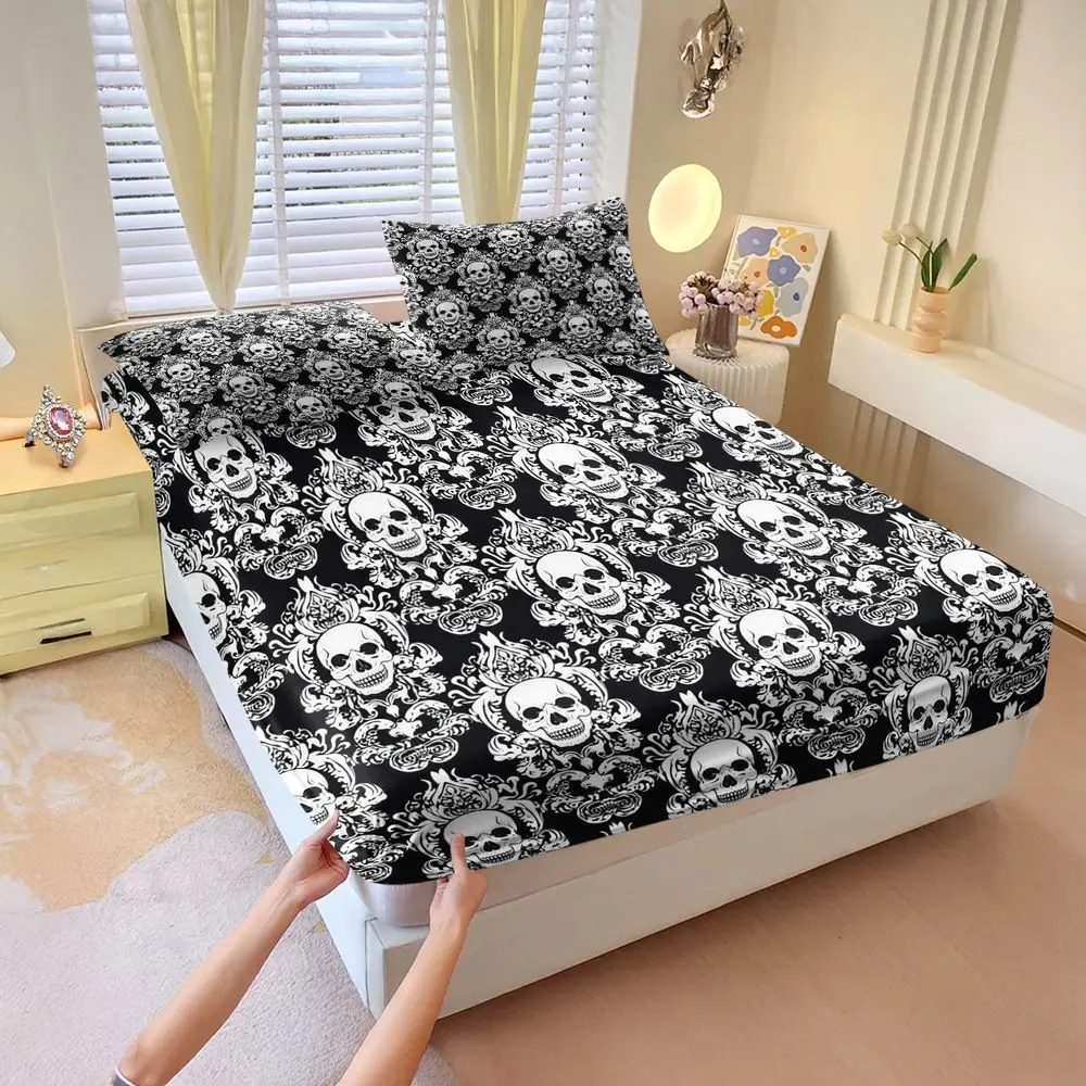 Vintage Floral Skull Fitted Sheet Set Bed Sheet Set Bedding Set No Fillers Gothic Stylish Adult Bedroom Sheet Set