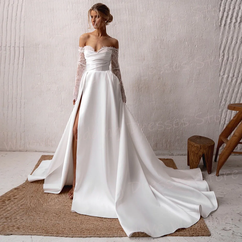 Elegant Satin A Line Womens Wedding Dresses Long Sleeved Vestidos Para Mujer Lace Backless Customized Bride Gowns Side Split