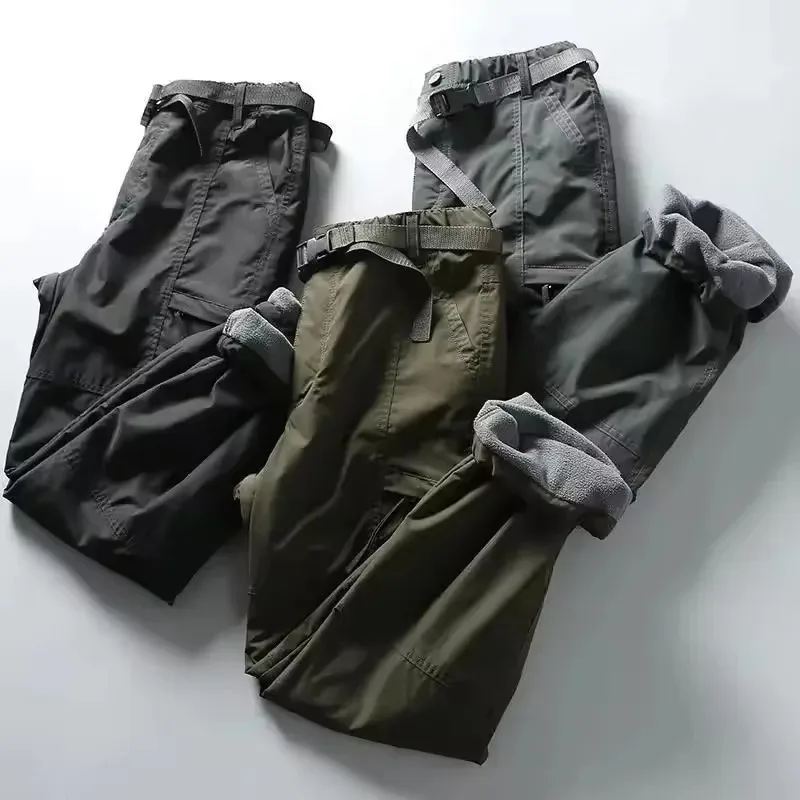 Winter Men's Fleece Pants Outdoor Tactical Cargo Pants Straight Leg Simple Style Joggers Zipper Pocket Windproof Trousers