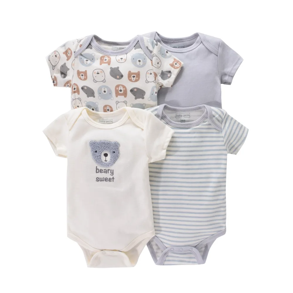 4PCS Newborn Infant Romper Short Sleeve Round Neck Cartoon Animal Flowers Print Bodysuit Onesies For Baby Boys And Girls Clothes