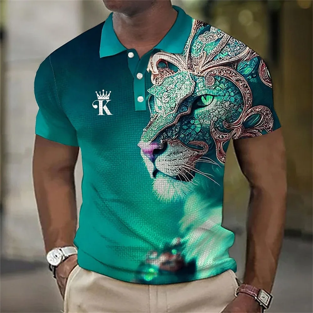 Animal Men Polo Shirt 3d Lion Printing Casual Daily Lapel Tops Tees Fierce Beast T Shirt For Man Clothing Summer Short Sleeves