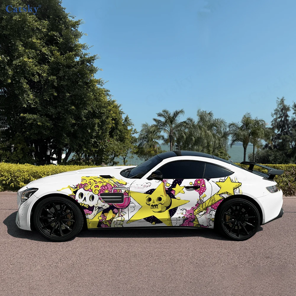 

Мультяшный череп, звезды, красочные автомобильные виниловые наклейки, самоклеящаяся наклейка из ПВХ, подходит для грузовиков, внедорожников, декор, автоаксессуары, подарок