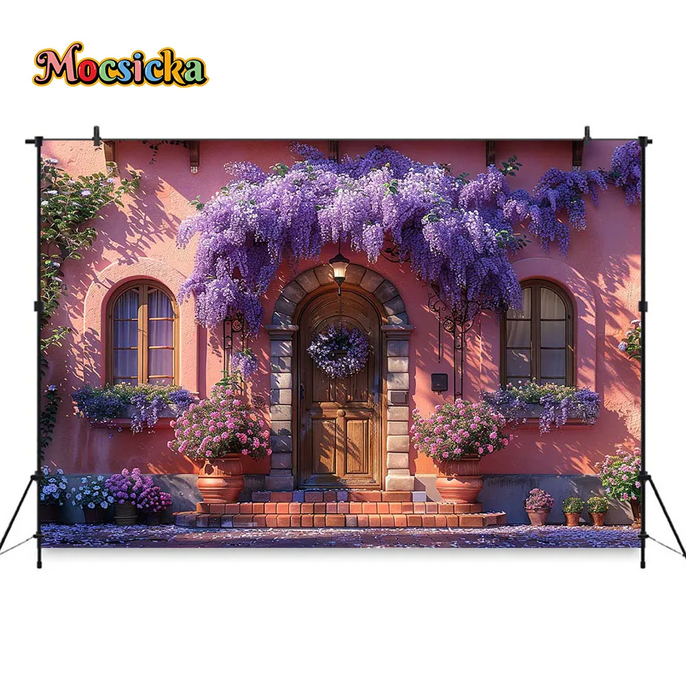 خلفية التصوير الفوتوغرافي من الوستارية الأرجواني ، جدار زهرة ، ديكور الباب الخشبي المقوس ، خلفية الزفاف ، صورة استوديو لفتاة ، منزل ومنزل