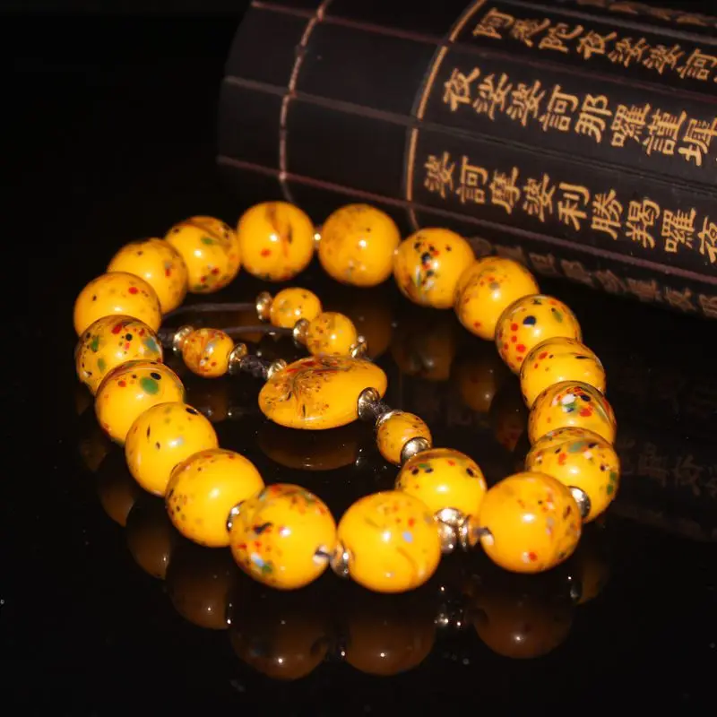 Tail Vintage Glass Handheld Yellow Chicken Grease Colored Glaze Eighteen Prayer Beads Buddha Beads