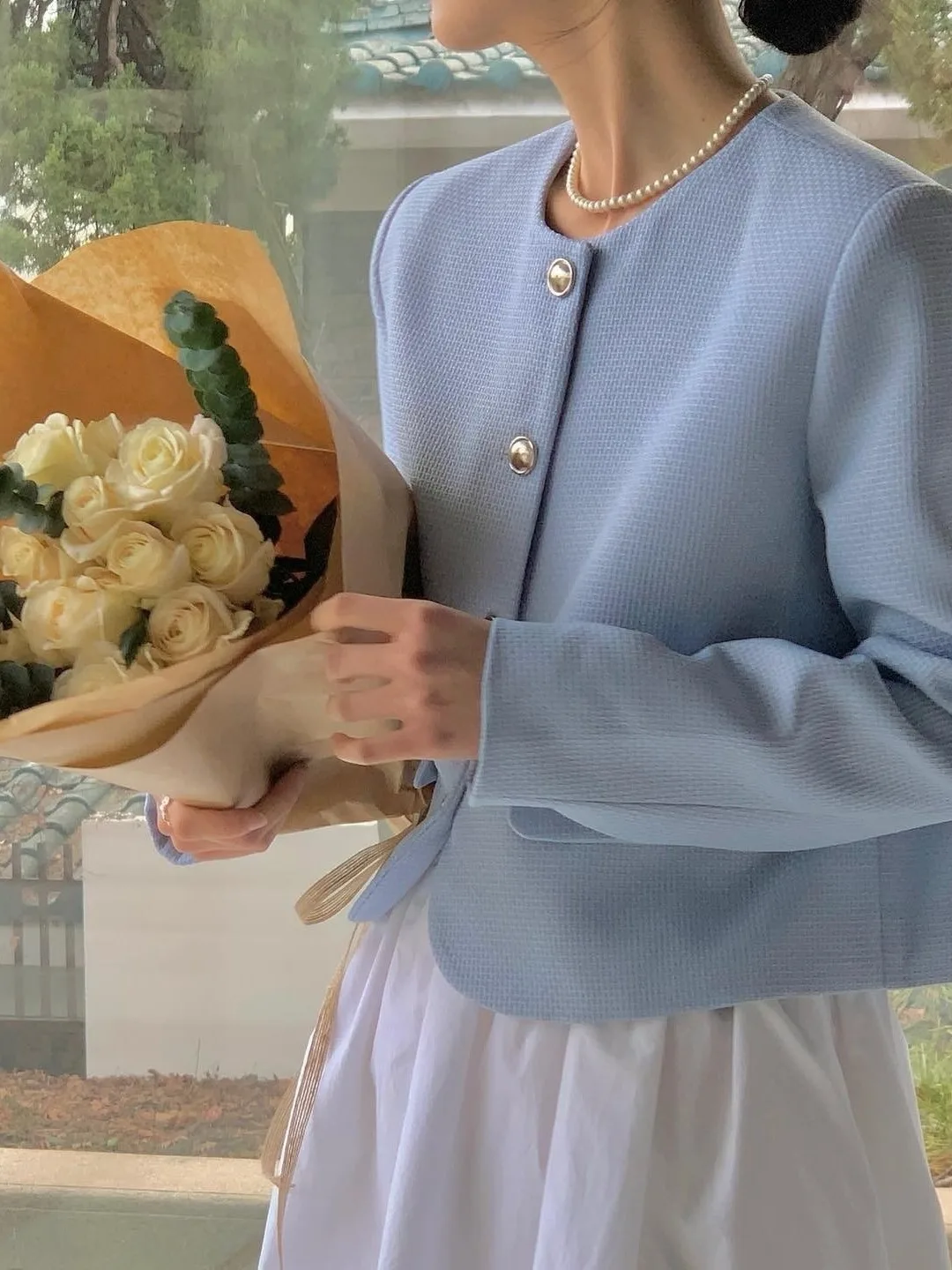 Blauw Koreaans Sle Loose Fit Lang Sve rond Ne Single Button Damespak Jaet Chic Casual Vest Top voor woon-werkverkeer