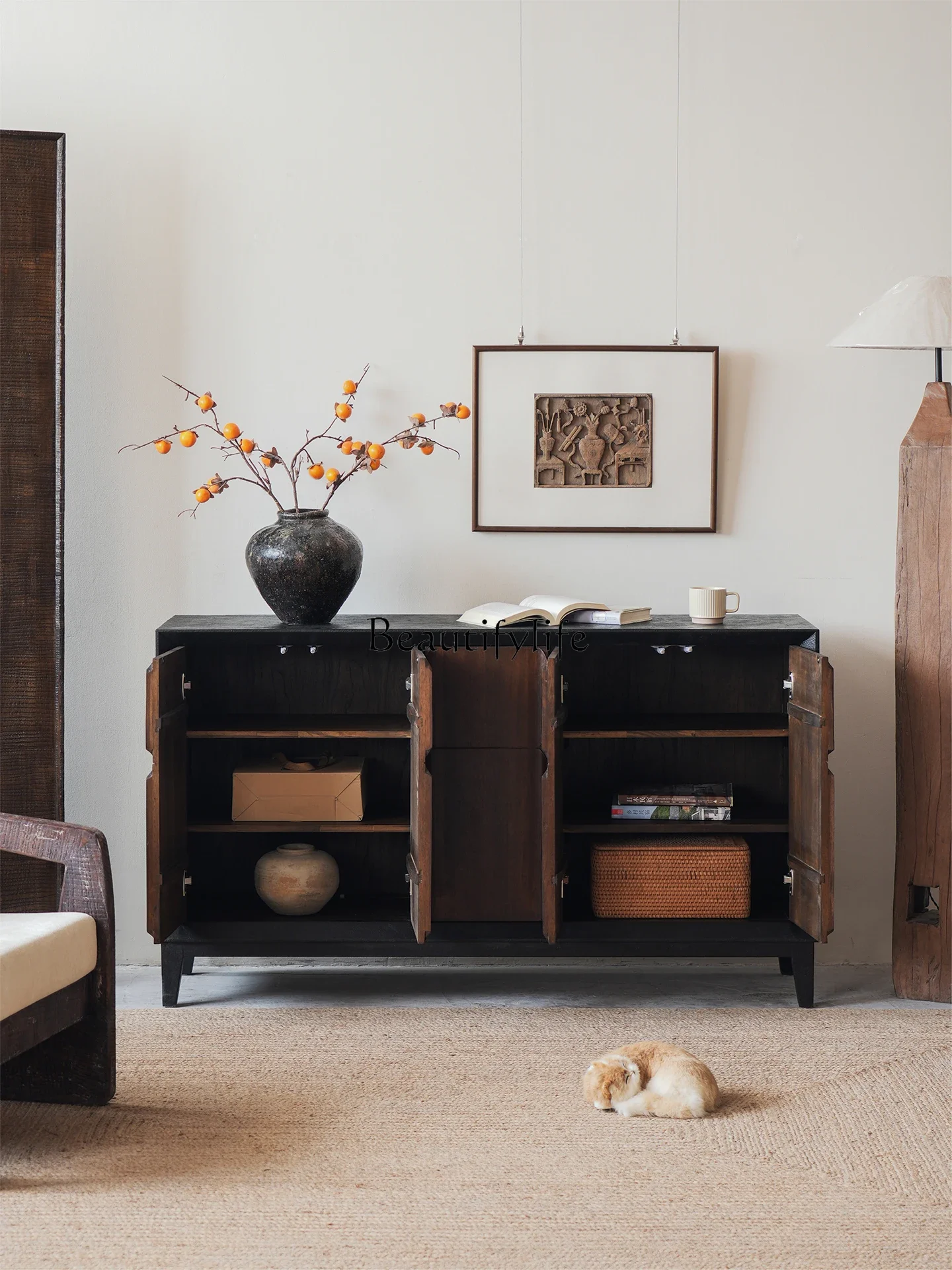 

01LMedieval style solid wood dining side cabinet, high-end decoration, wabi-sandy wind entry against the wall