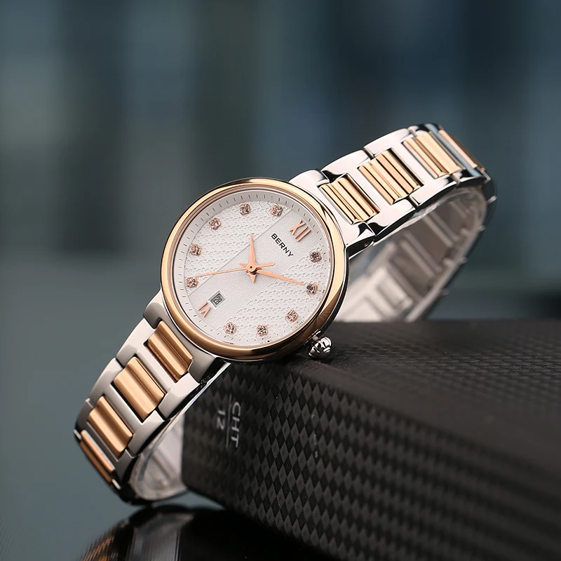 BERNY Japan Quartz Movement Ladies Sapphire Glass Calendar Feminino Reloj Fashion Diamond Wristwatch Waterpoof Watch for Women