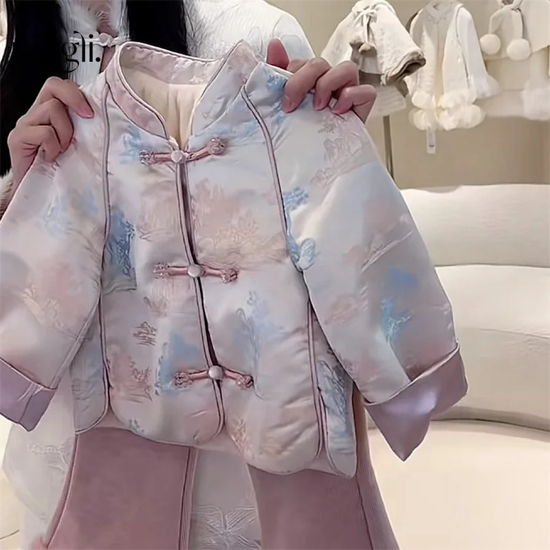 Chinese Style Gao Ding！2025New Girl's National Style Jacquard Tang Suit Quilted Chinese Knot Button Coat Two-Piece Pants