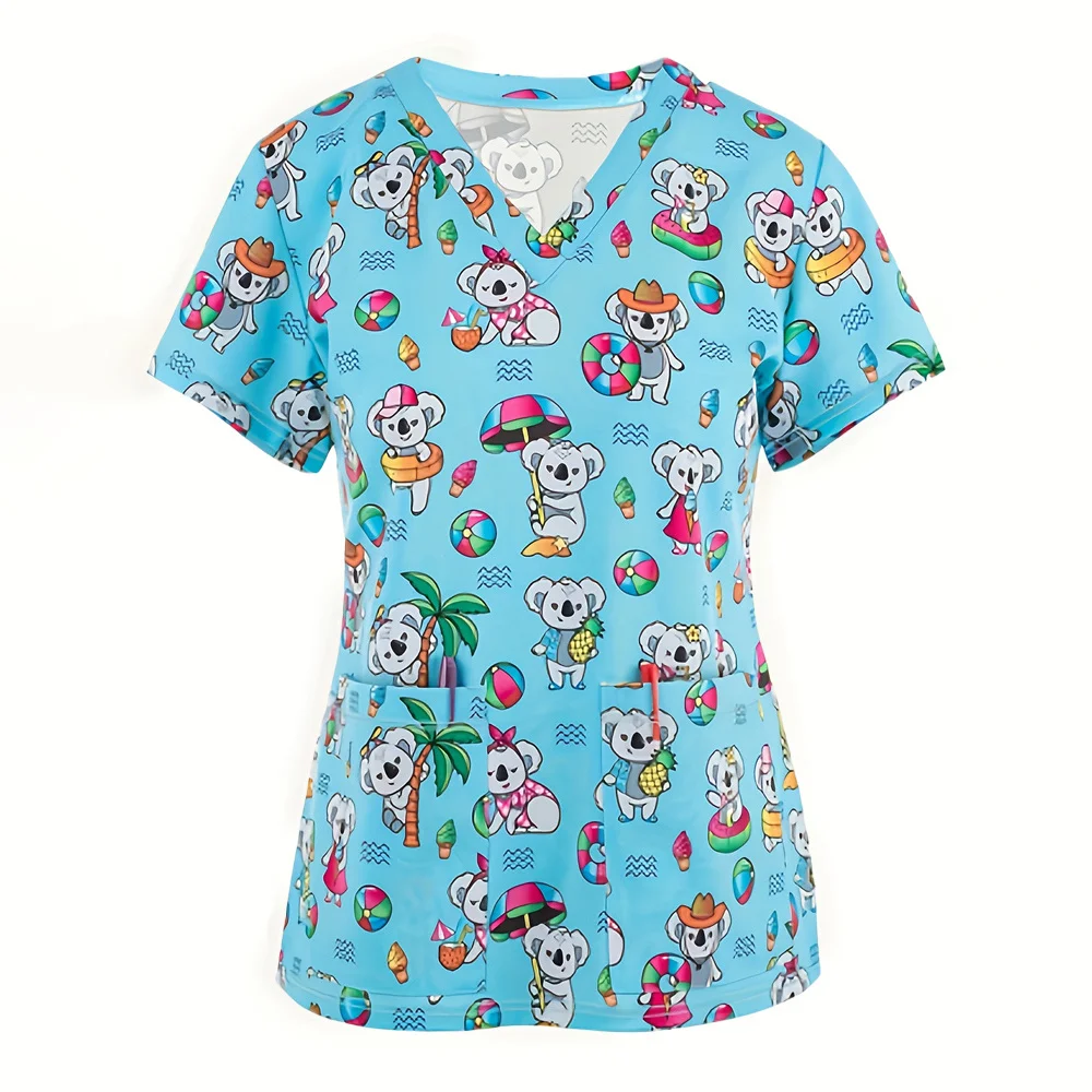 Medical Blouse Clinic Hospital Workwear Healthcare Nurse Cat Print Uniform Carer Working Short Sleeve Tops Women T-shirt Nursing