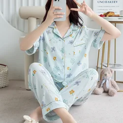 Summer Room Wear Women Pajamas Printed Sleep Lounge Short Sleeve Sleepwear Trousers Suit Cotton Ladies Nightwear Home Clothes