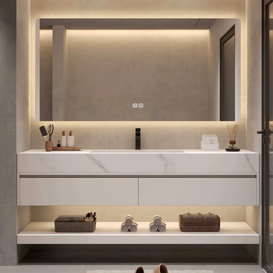 Modern Intelligent Bathroom Cabinet Set LED Touch Mirror Ceramic Basin Wall Mounted Eco Friendly Vanity Unit For Home