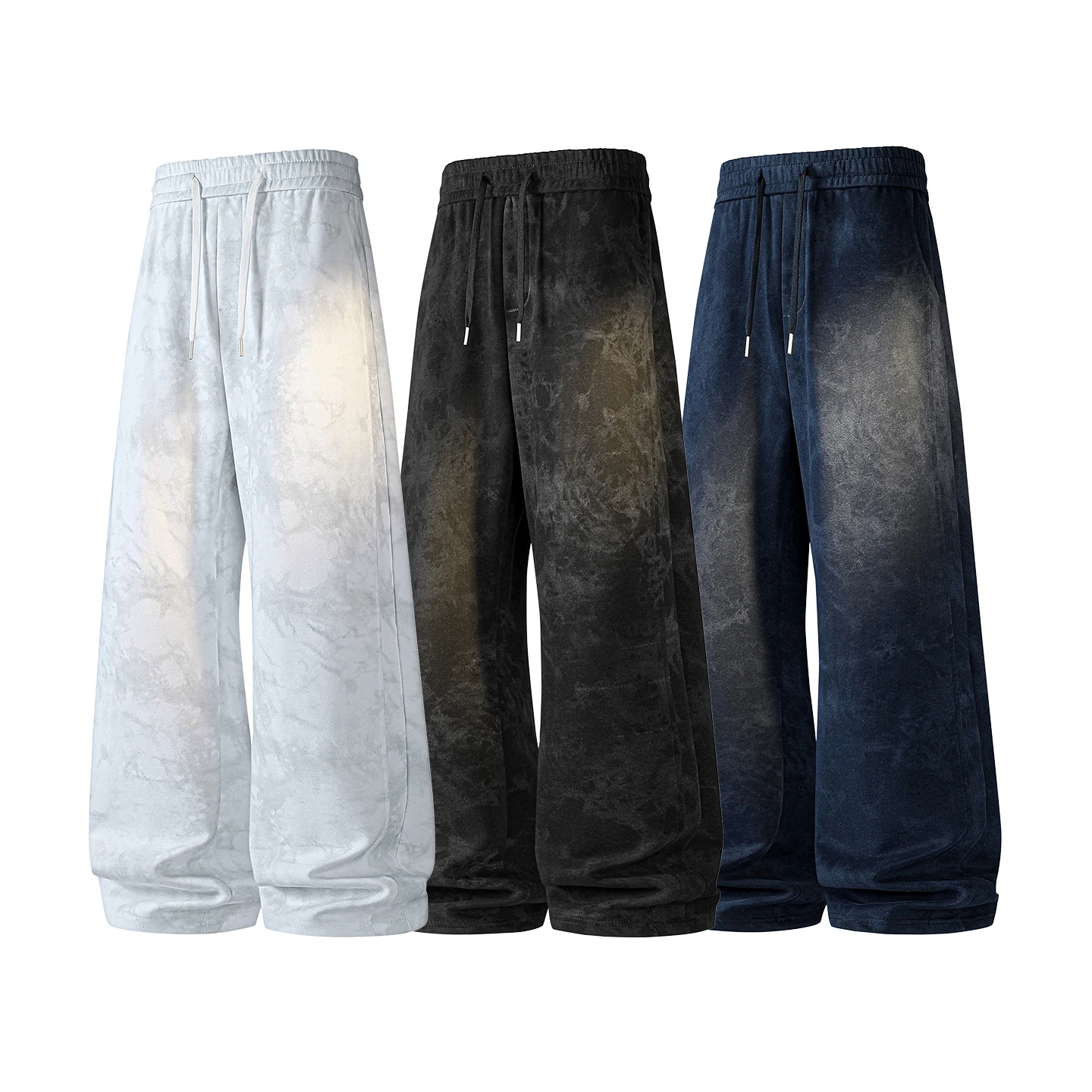 Vintage Tie Dye Men Wide Leg Pants Elastic Drawstring Waist Loose Baggy Streetwear Casual Trousers