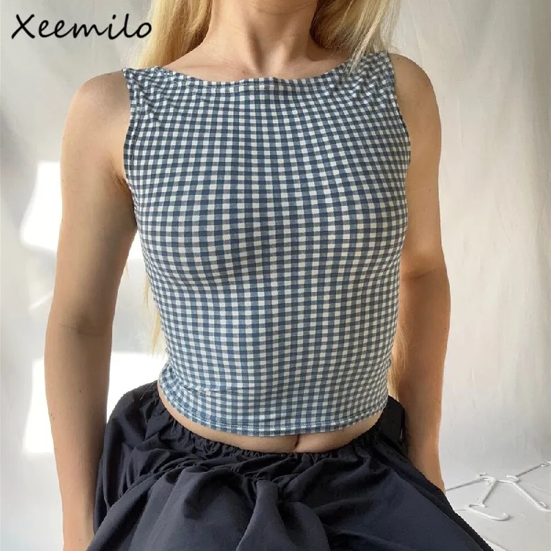 Xeemilo Korean Fashion Bow Backless Tank Top 2023 Casual Streetwear Plaid Print Sleeveless Crop Tops Summer Slim Fashion Corsets