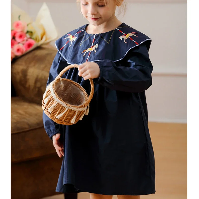 2024 Autumn Carousel Embroidery Lapel Long Sleeved Girls\' Dress Clothing Spring Campus Navy Style Children\'s Pure Cotton Dress