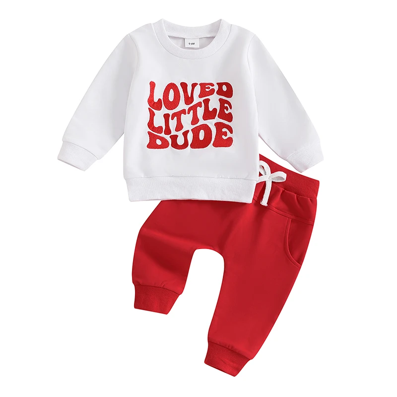 Toddler Girls 2PCS Valentine's Day Sets Long Sleeve O Neck Letter Embroidery Tops Solid Color Pants Set