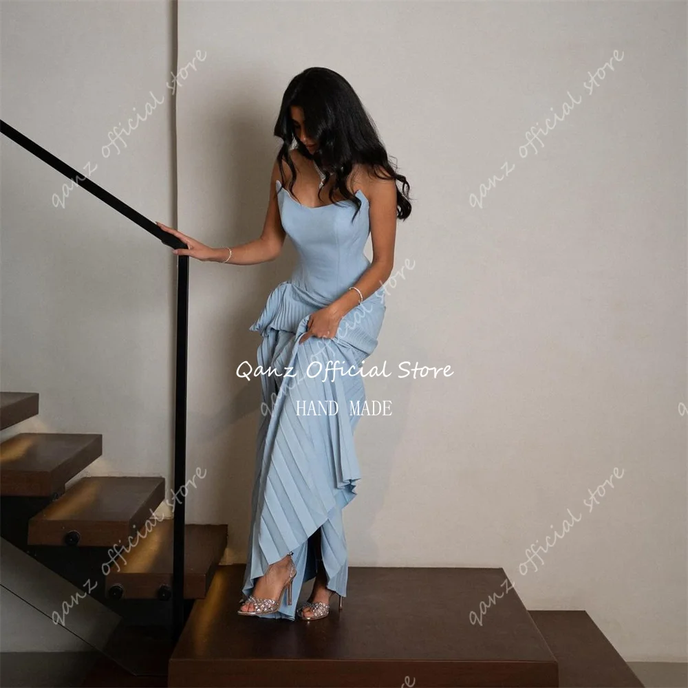 Qanz Blue Arab Evening Dresses Strapless Vestidos De Fiestas Elegantes Mujer Saudi Arabia Party Ggown for Women Customized