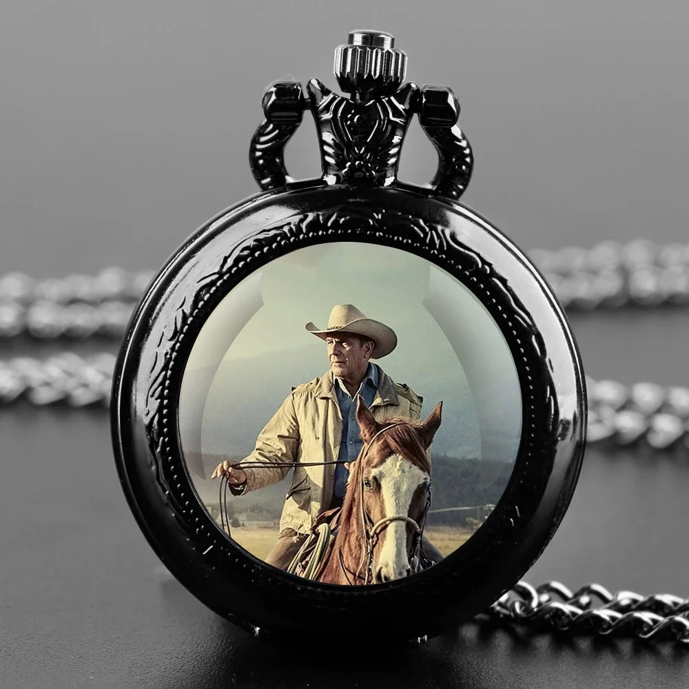 Yellowstone Dutton Ranch Glass Dome Pocket Watch with Chain Necklace Vintage Quartz Pendant Watches Mens Women Gift