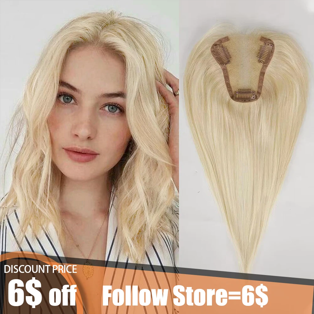 100% Remy Human Hair Toppers Lace Base Hairpieces Clips in Straight Light Blonde Human Hair Topper Extensions for Women 12inches