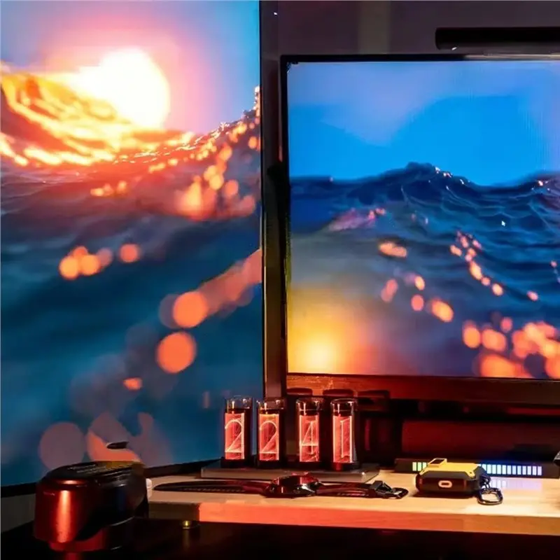 

A96I-Luxury Digital Glow Tube Clock LED Silent RGB Metal Wood Table Clock Vintage Style Electronic Desktop Clocks Digital Watch