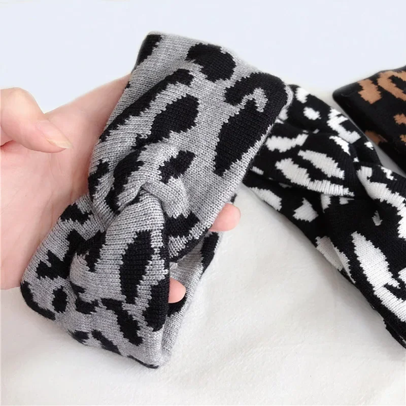 Autumn Winter Black Houndstooth Knot knitted Headbands For Women Ladies Leopard Elastic Hairband Girls Hair Accesories