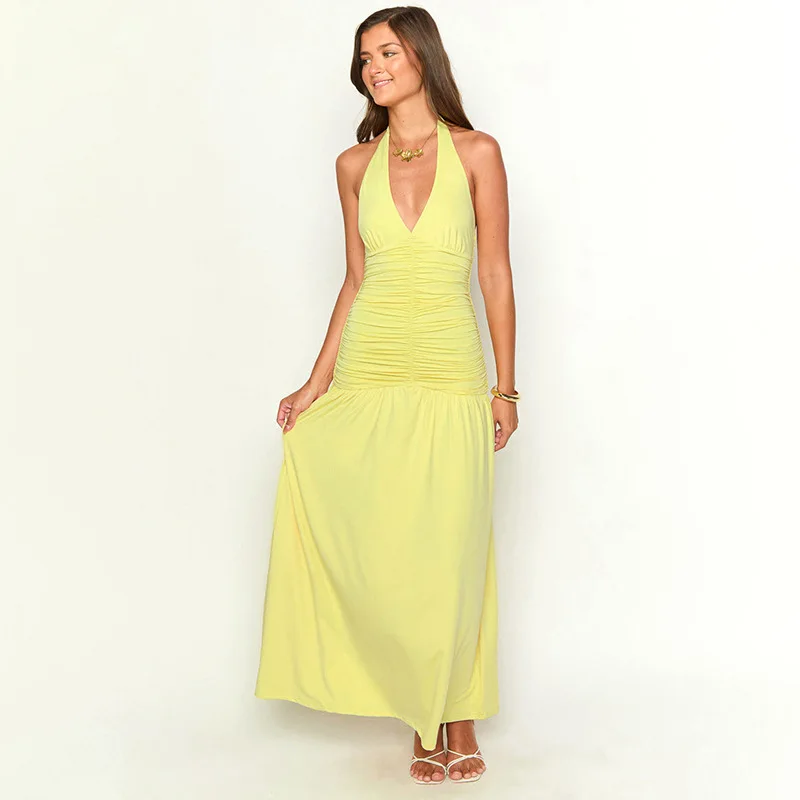 

Women Summer Lace Up Halter Backless Ruched Maxi Dress V-neck Sleeveless Fit Flare Vacation Beach Long Robe Casual Streetwear