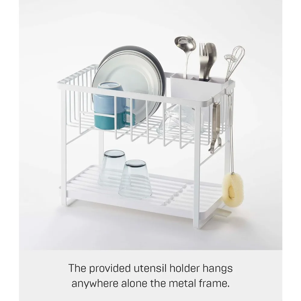 

Home Two-Tier Adjustable Dish Drainer Rack, Compact Drying Rack with Hooks, Utensils Holder, Steel, Draining Spout