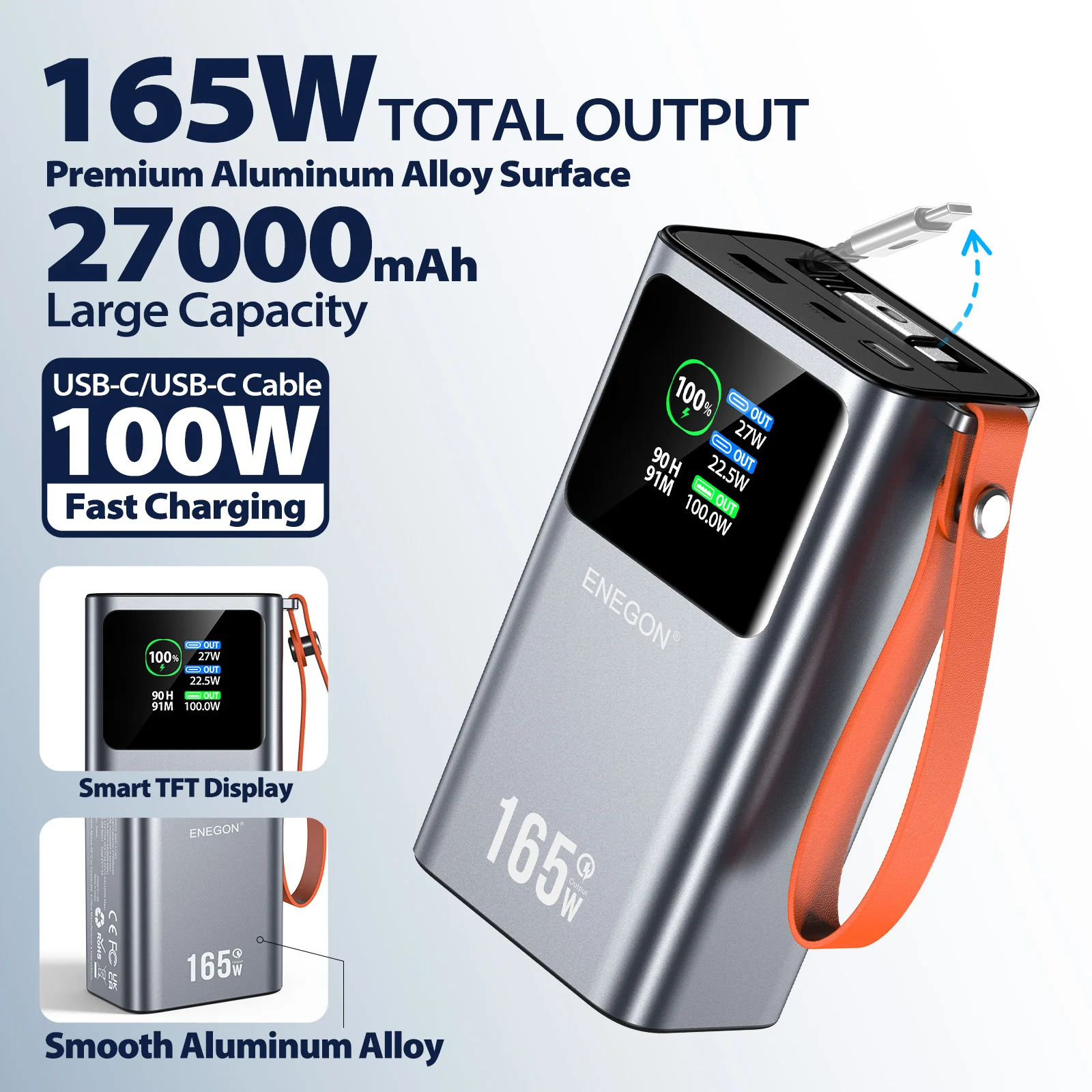 ENEGON 27000-mAh-Laptop-Powerbank, tragbares Ladegerät mit einer Gesamtleistung von 165 W und zwei USB-C-Anschlüssen mit jeweils maximal 100 W für schnelles Aufladen, integriertes, einziehbares Kabel,