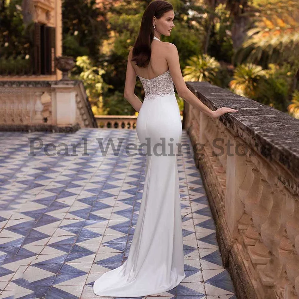 Halter Neck Mermaid Wedding Dress Sweetheart Sleeveless Applique Beaded Bridal Half Backless Marriage Gown and Floor Length