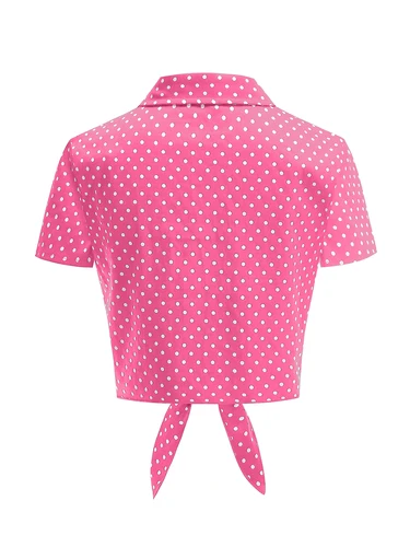 Imagen 2 del producto Tonval, Tops cortos de verano de manga corta con botones y cuello vuelto para mujer, camisas y blusas Vintage de lunares con dobladillo con lazo 2026