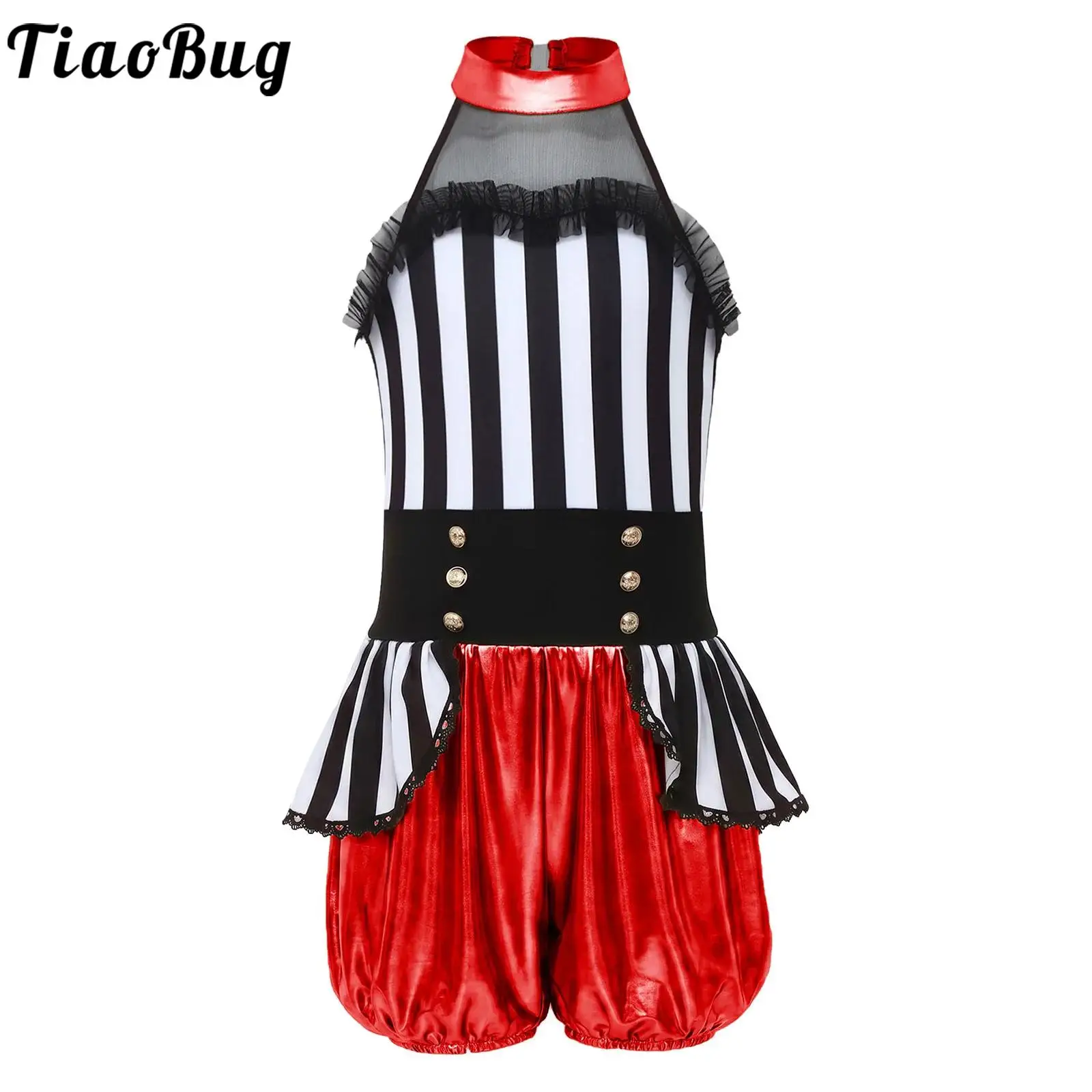

Kids Girls Jazz Dance Jumpsuit Circus Ringmaster Costumes Sleeveless Leotards Patchwork Overlay Halloween Performance Dancewear