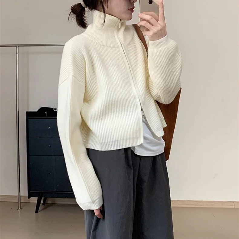 Short Double-zip Stand-up Collar Women Sweater Knitting Cardigan for Women Autumn Winter Solid Sweater Casual Chic Women Coats