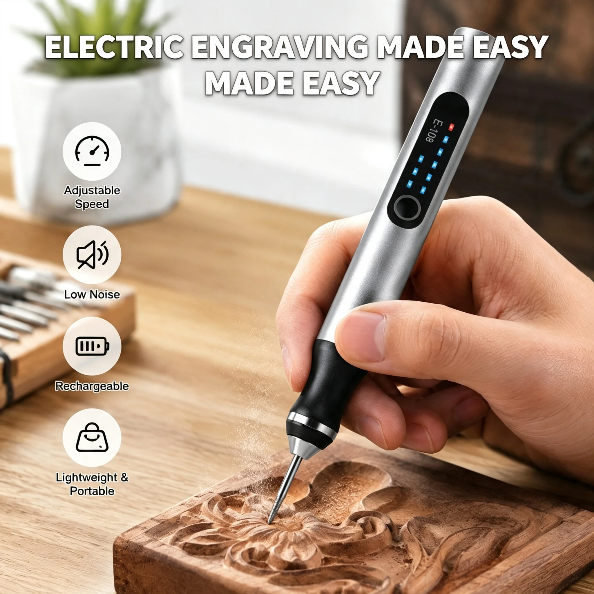 Electric Rotary Engraving Pen, Cordless 3 Adjustable Speeds DIY Engraving Pen For Jewelry USB Charge Grinding Polishing Drilling