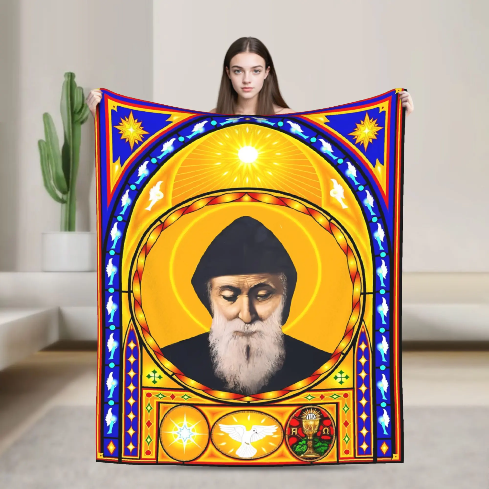 Warm Soft Blanket Camping Serene Saint Charbel Sunset Landscape Throw Blanket  Flannel Bedspread Bed Funny Sofa Bed Cover