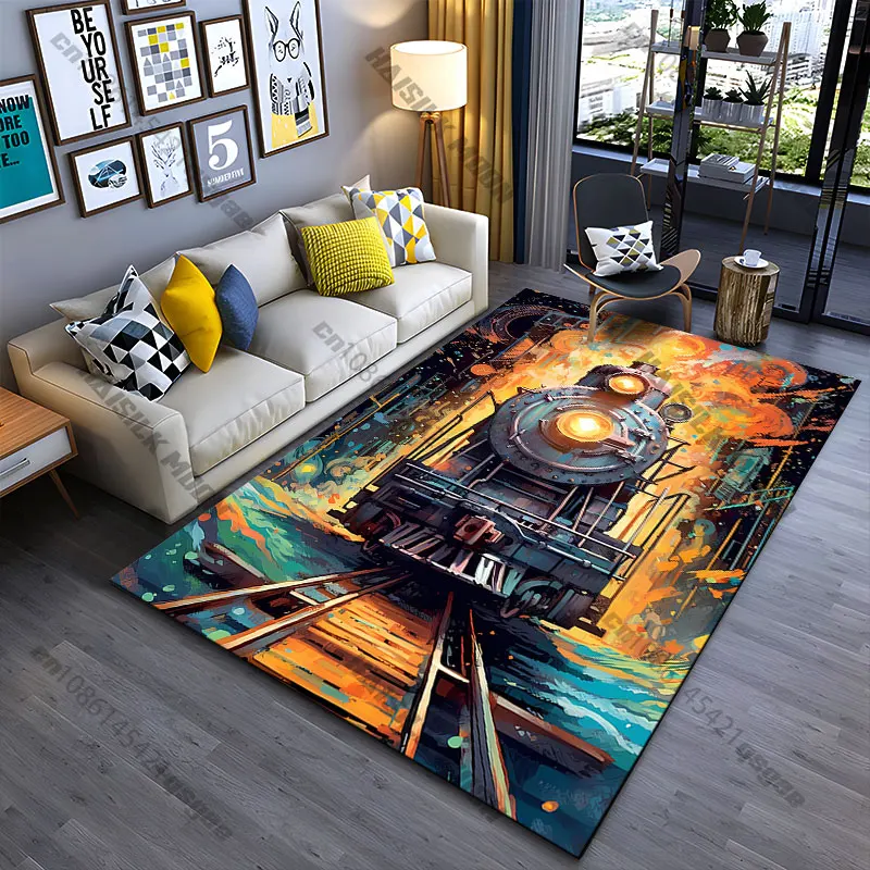 Fiery train in vibrant motion carpet Yoga living room room decor children's crawling mat doormat area rug games mat