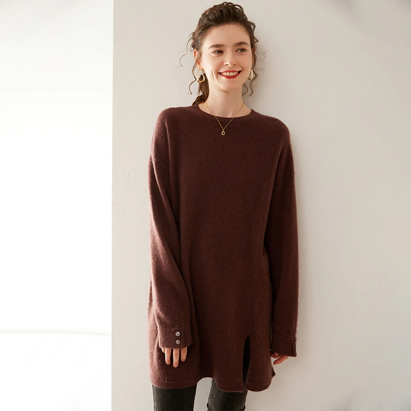 Autumn Winter Women 100% Cashmere Sweater Round Collar Pullover Soft Warm Cashmere Knitwear Long Sleeve Loose Mid-long Clothing